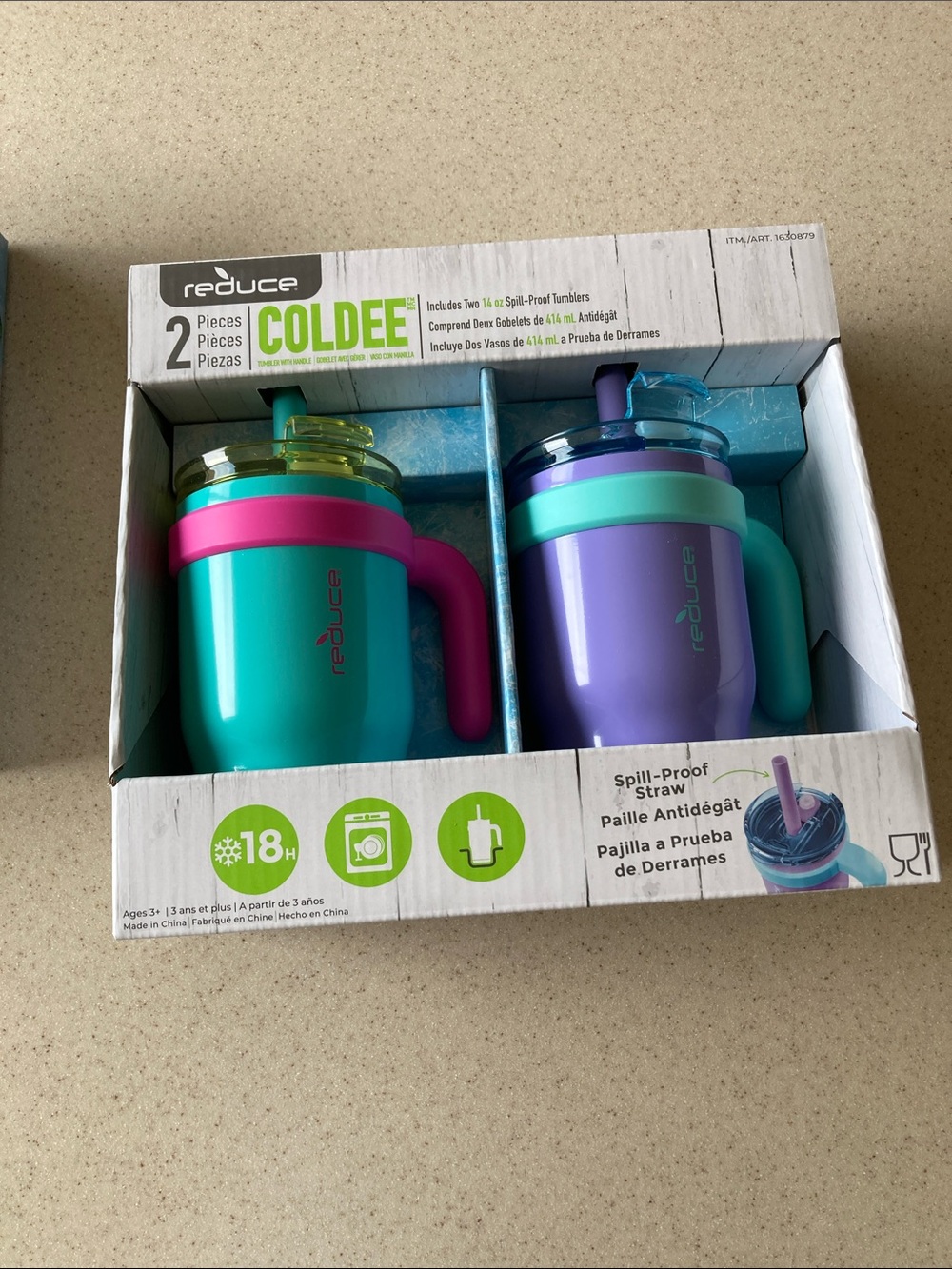 Reduce Coldee 2-pack Kids Spill-Proof Straw Tumblers, Teal & Purple